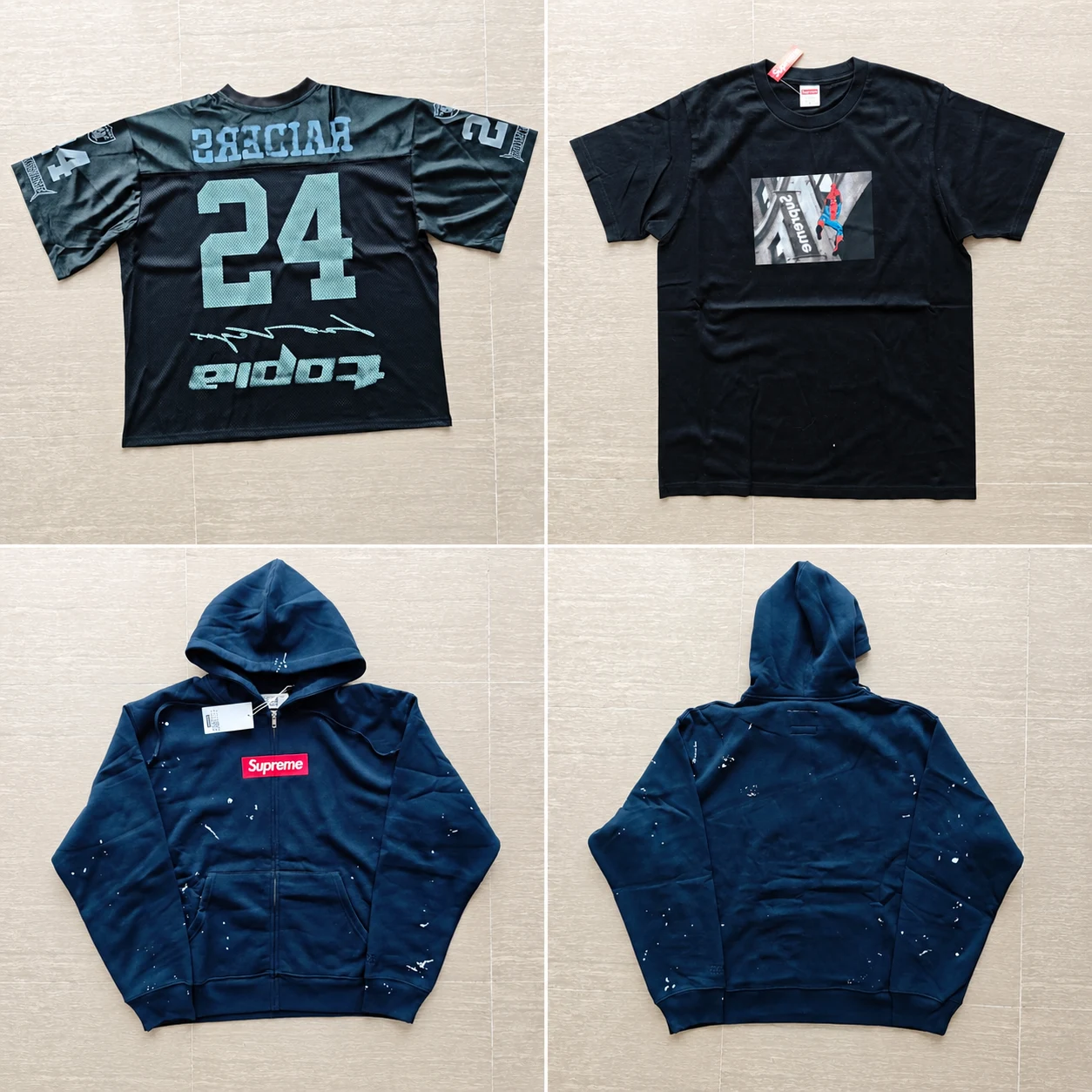 A four-panel collage showing a dark number-24 jersey, a black graphic tee and front and back views of a navy paint-splatter hoodie.