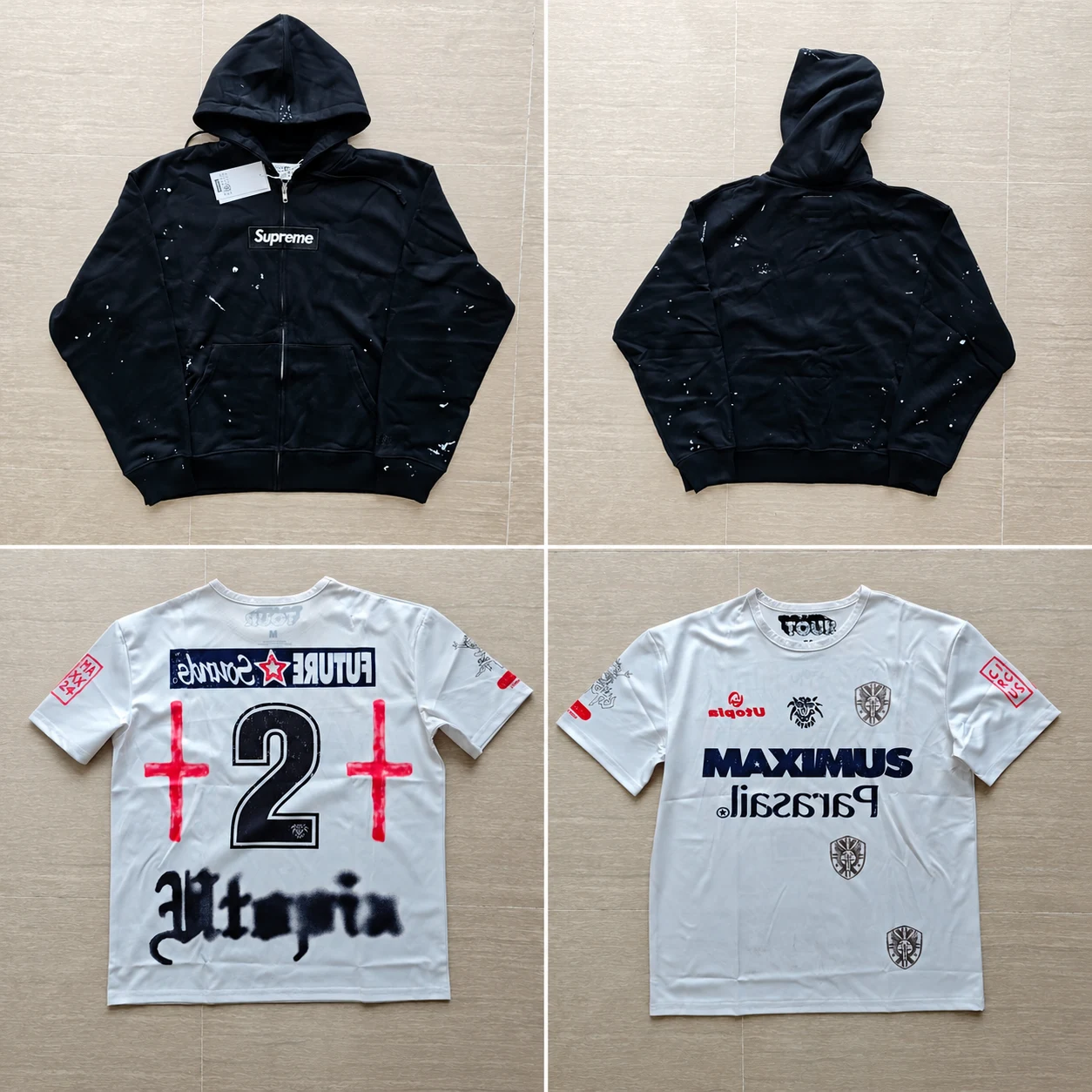 Front and back views of a black paint-splatter zip hoodie and a white graphic football-style shirt.