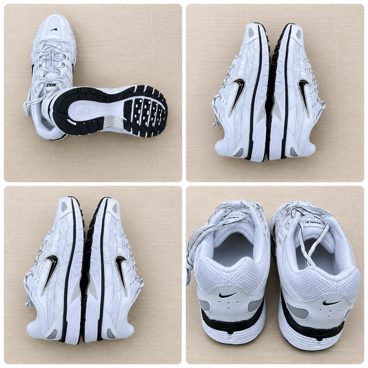 White sneakers shown from the sides, heels and outsole, identified as Nike P-6000 in the buyer’s written review.