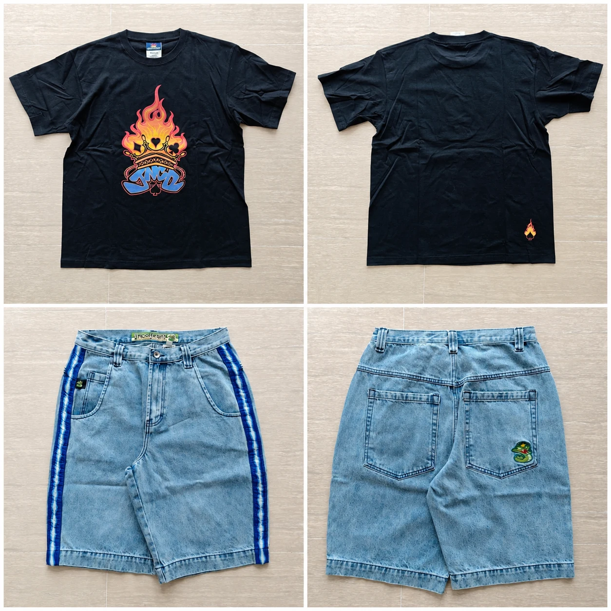 Front and back views of a black flame-and-crown graphic tee and light-blue denim shorts with blue side stripes.