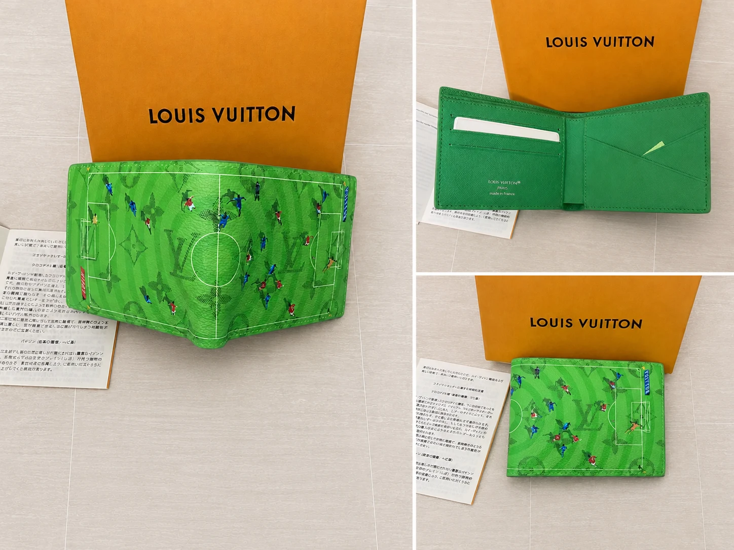 Green football-pitch-print wallet showing the exterior, interior card slots and accompanying packaging.