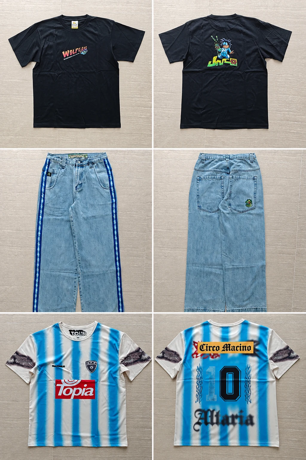 Six-panel collage showing the front and back of a Wolfgang graphic tee, wide-leg blue-striped jeans and a blue-and-white jersey.