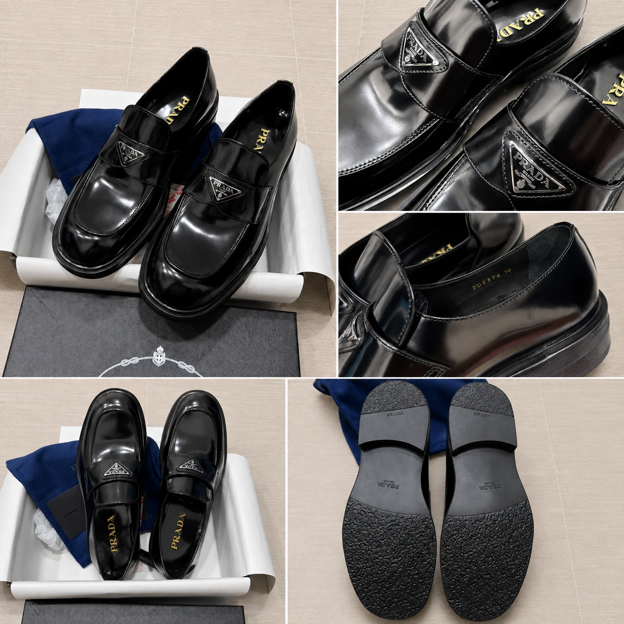 Black logo loafers photographed from above, from the side, in close-up and from the outsole.
