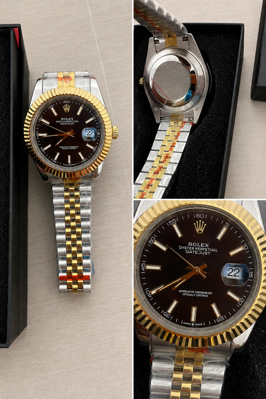 Brown-dial two-tone watch photographed from the front, caseback and dial close-up.