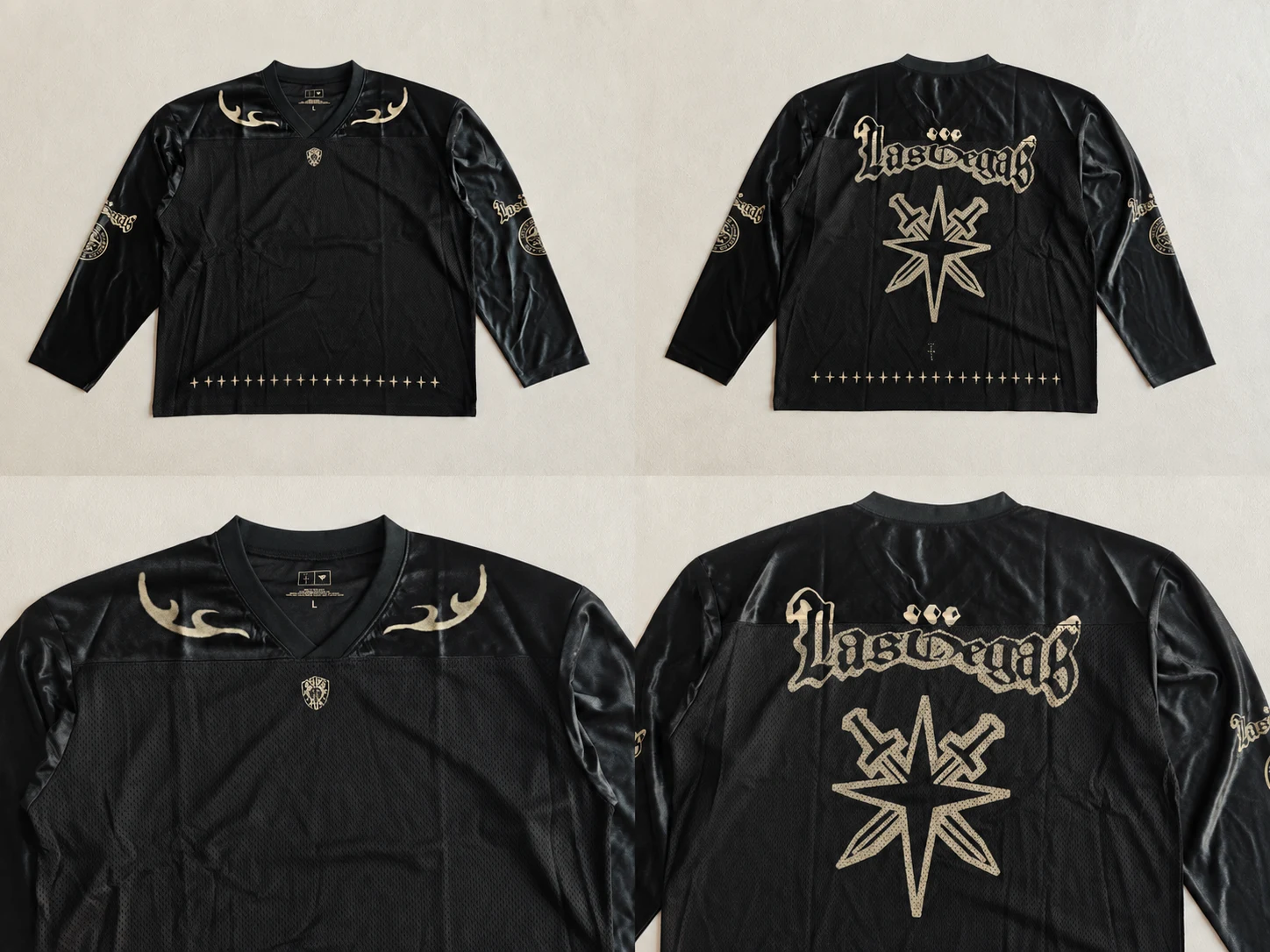 Collage showing the front, back and shoulder graphics of a dark long-sleeve jersey.