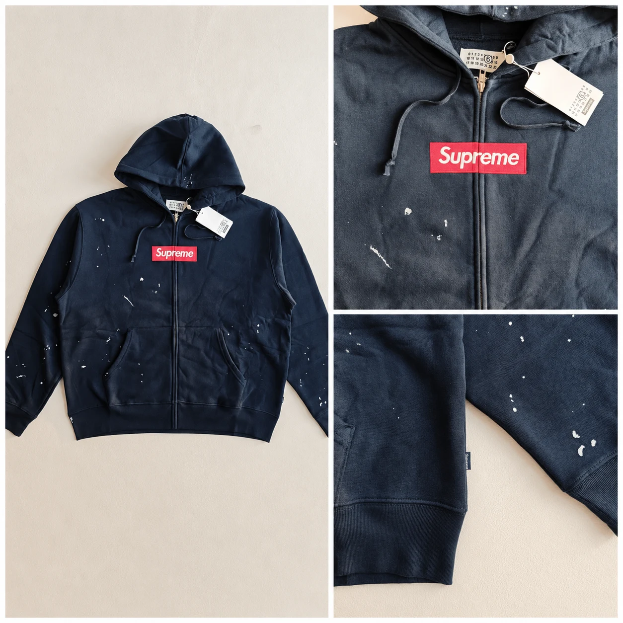 Navy paint-splatter zip hoodie with close-ups of its chest logo and zipper.
