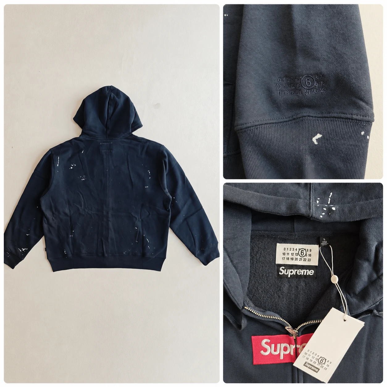 Back view of the navy hoodie alongside cuff, hem and neck-label detail photographs.