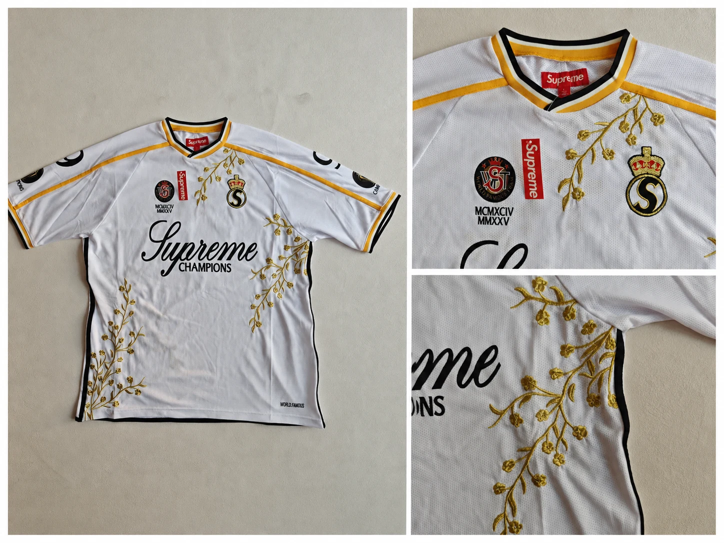 Front of a white-and-gold floral jersey with close-ups of the collar, crest and chest graphics.