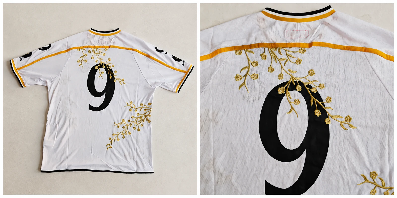 Back of the white-and-gold jersey showing a large number nine and floral detailing.