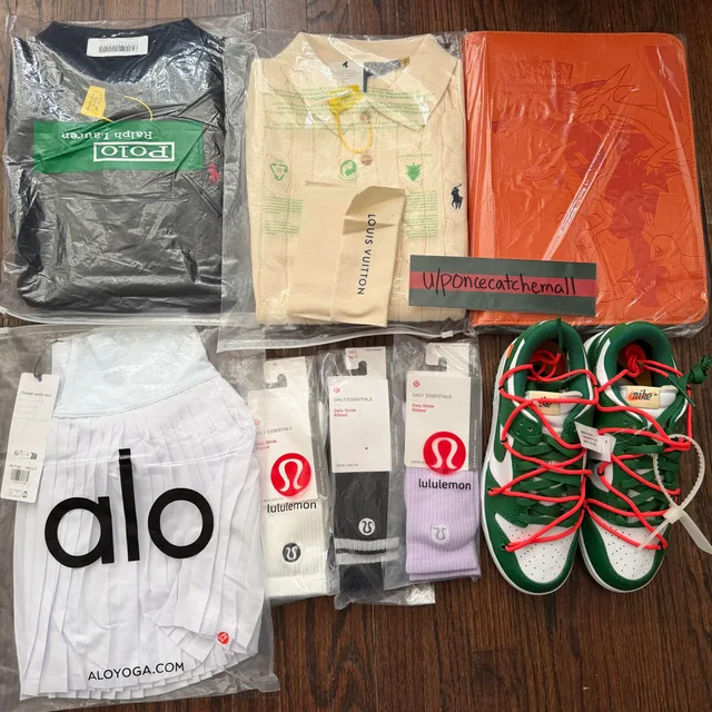 Overview of wrapped knit polos, sportswear, socks, green sneakers and an orange accessory box.