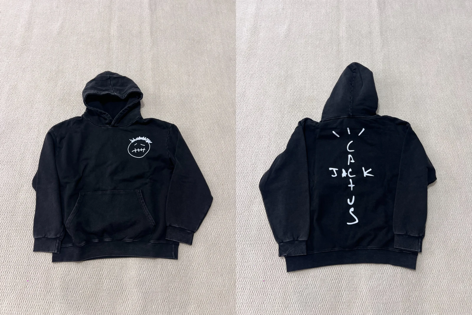 Two-panel view of a black hoodie with a small front motif and larger vertical back graphic.